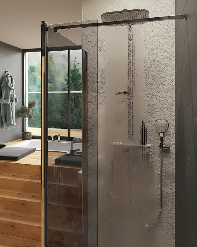 Hansa Emotion tušni sistem s termostatsko armaturo Wellfit v izvedbi belo-krom z nadglavno in ročno prho.