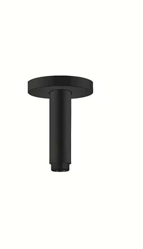 Stropni držalo za nadglavno prho hansgrohe S 10 cm v mat črni barvi z okroglo rozeto pro nadglavno prho.