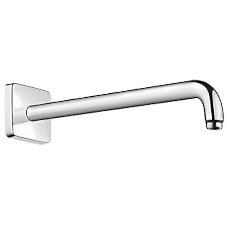 Kromiran stenski držalo za nadglavno prho hansgrohe E s kvadratno rozeto in dolžino 389 mm