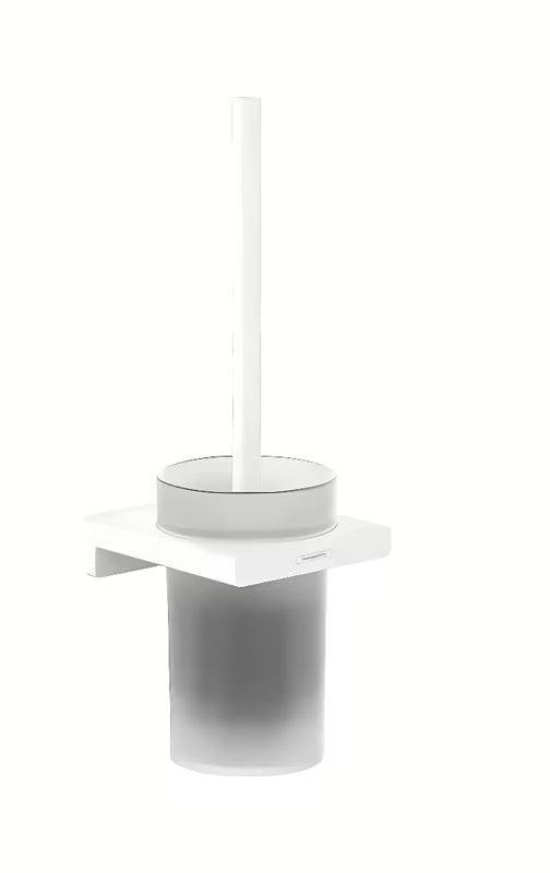 Stenska WC ščetka hansgrohe addstoris v mat beli barvi z držalom iz kovine in s stekleno posodo.