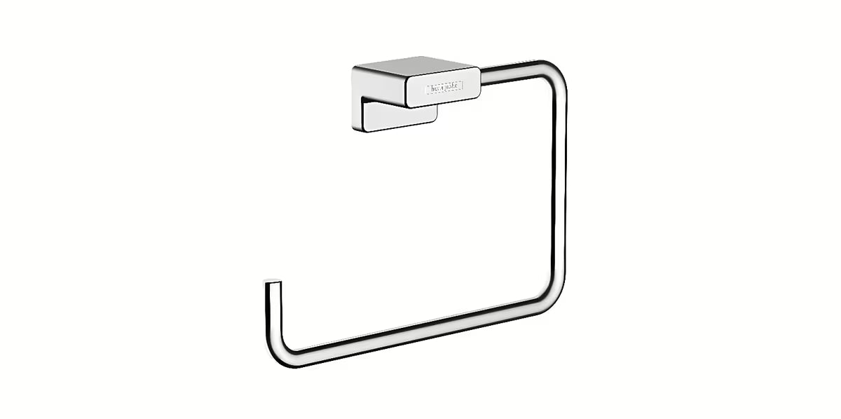 Kromiran obroč za brisačo Hansgrohe addstoris z odprto stranjo pro za enostavno obešanje.