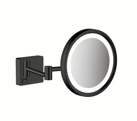 Zložljivo kozmetično ogledalo Hansgrohe addstoris v mat črni izvedbi z LED osvetlitvijo za na steno.