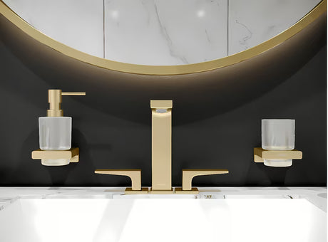 Stenski dozator tekućeg sapuna hansgrohe addstoris u sjajnoj zlatnoj izvedbi sa staklenom posudom