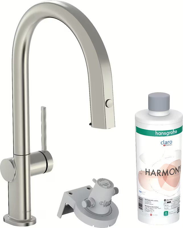 Kuhinjska armatura za pomivalno korito Hansgrohe Aqittura v videzu nerjavečega jekla s filtrom, z izvlečnim izlivom in sBoxom