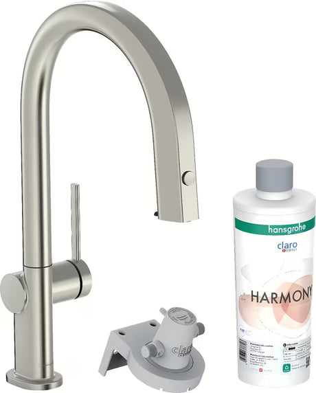 Kuhinjska armatura za pomivalno korito Hansgrohe Aqittura v videzu nerjavečega jekla s filtrom, z izvlečnim izlivom in sBoxom