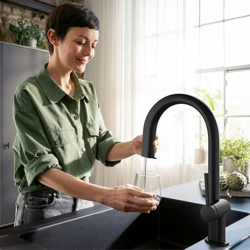 Hansgrohe Aqittura armatura za pomivalno korito v mat črni barvi z izvlečnim izlivom in gumbom pro filtrirano vodo