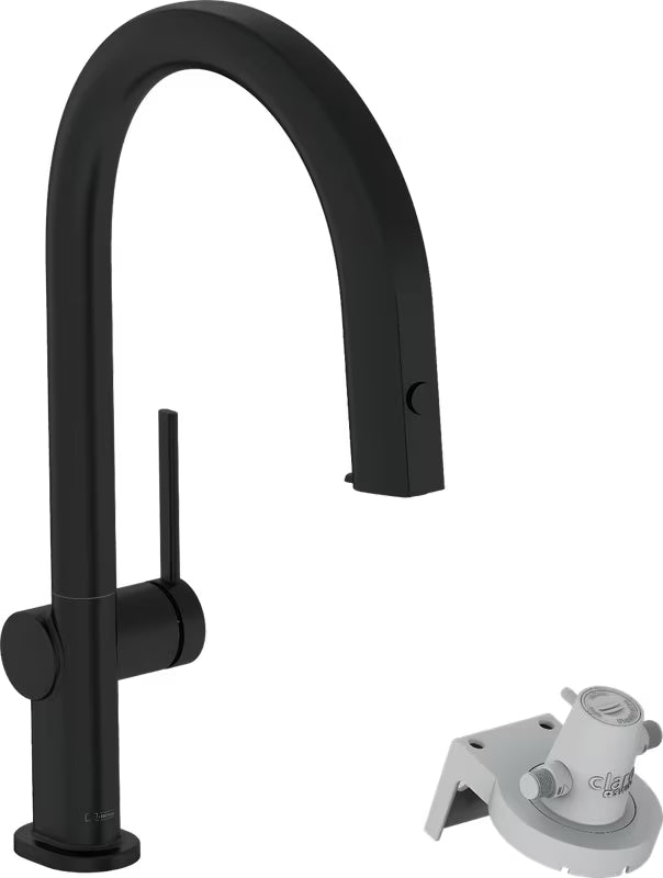 Mat črna armatura za pomivalno korito Hansgrohe Aqittura z izvlečnim izlivom in gumbom pro filtrirano vodo.