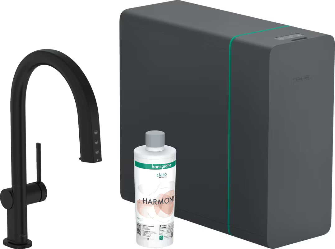 Hansgrohe Aqittura armatura za pomivalno korito v mat črni barvi z gumbom Select pro filtrirano ohlajeno vodo