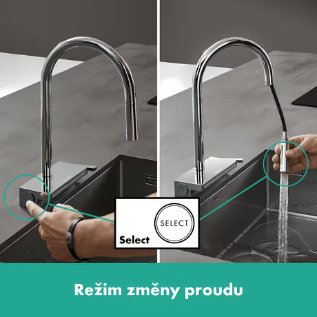 Kromirana armatura za pomivalno korito Hansgrohe Aquno z izvlečno prho s preklopom curka Select