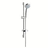 Tuš set Hansgrohe Croma 100 Vario v izvedbi chrome z ročno prho, drsno palico, cevjo in milnikom.