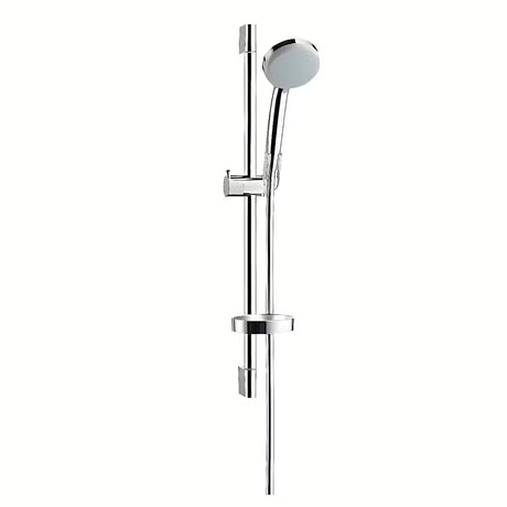 Tuš set Hansgrohe Croma 100 Vario v izvedbi chrome z ročno prho, drsno palico, cevjo in milnikom.
