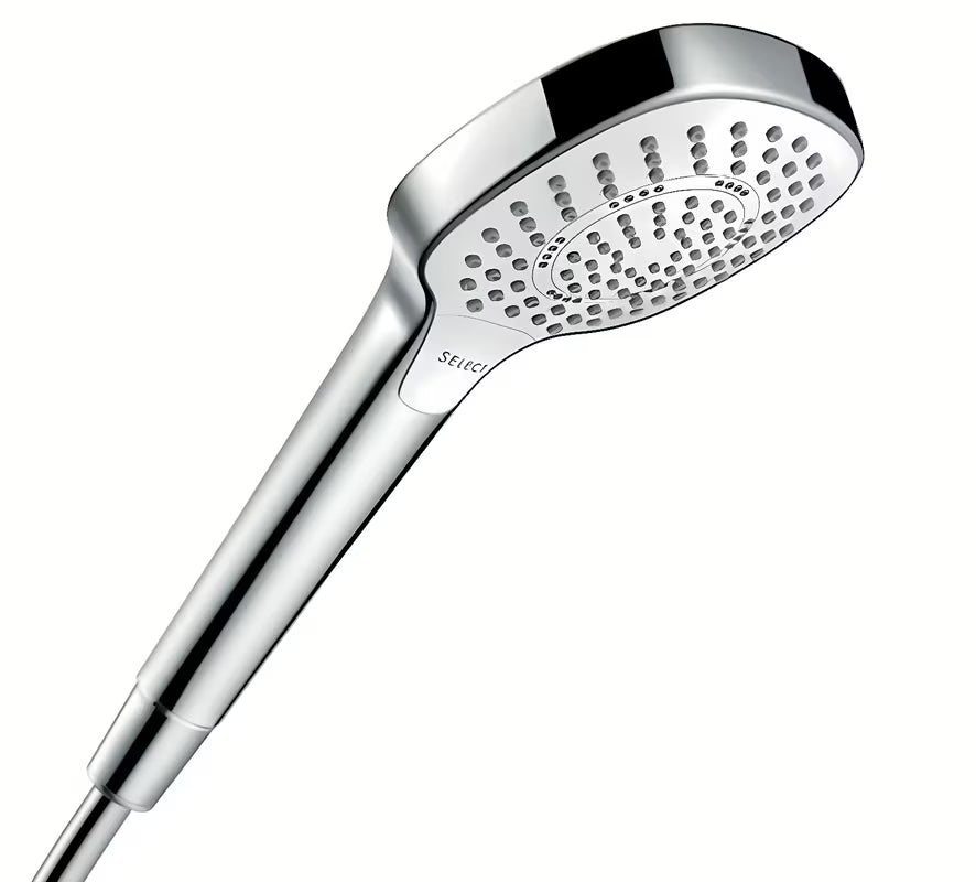 Ročna prha Hansgrohe Croma Select E v izvedbi bela/krom z gumbom Select s premerom 110 mm