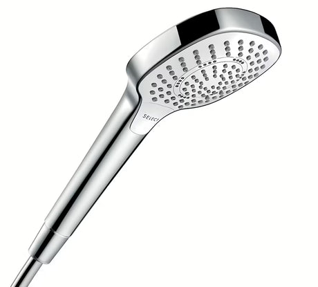 Ročna prha Hansgrohe Croma Select E v izvedbi bela/krom z gumbom Select s premerom 110 mm
