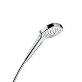 Ročna prha Hansgrohe Croma Select E Vario v izvedbi bela/krom z gumbom Select s premerom 110 mm.