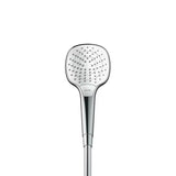 Ročna prha Hansgrohe Croma Select E Vario v izvedbi bela/krom z gumbom Select s premerom 110 mm.