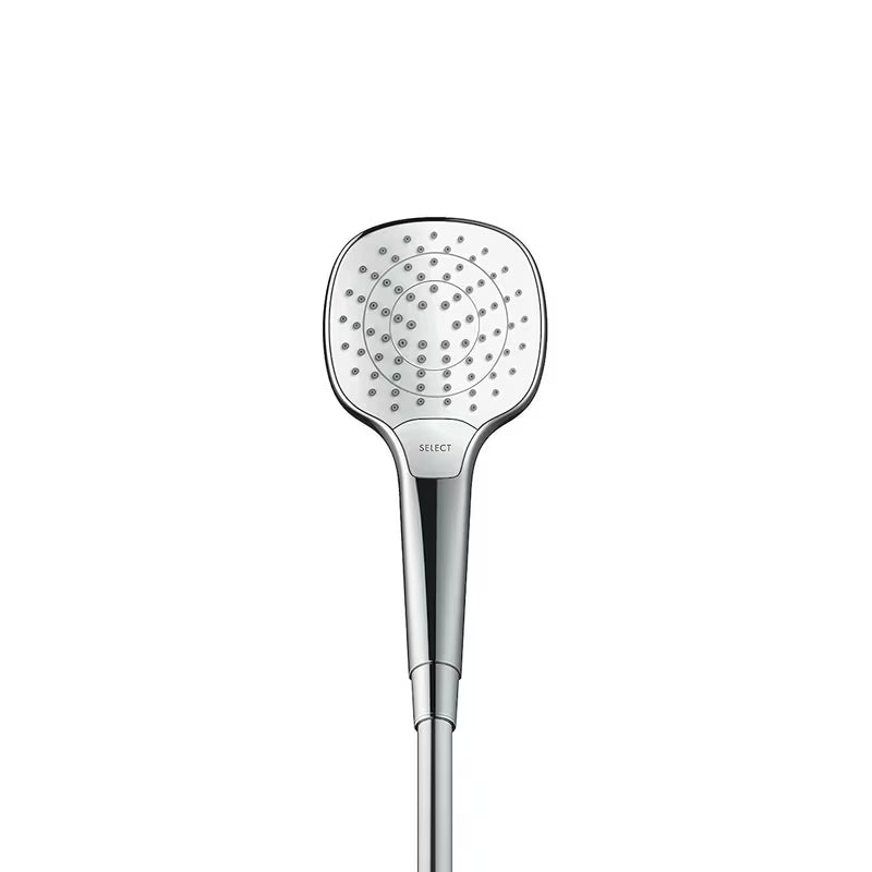 Ročna prha Hansgrohe Croma Select E Vario v izvedbi bela/krom z gumbom Select s premerom 110 mm.