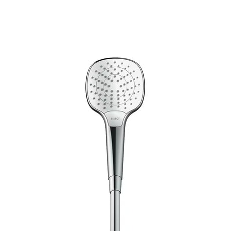 Ročna prha Hansgrohe Croma Select E Vario v izvedbi bela/krom z gumbom Select s premerom 110 mm.