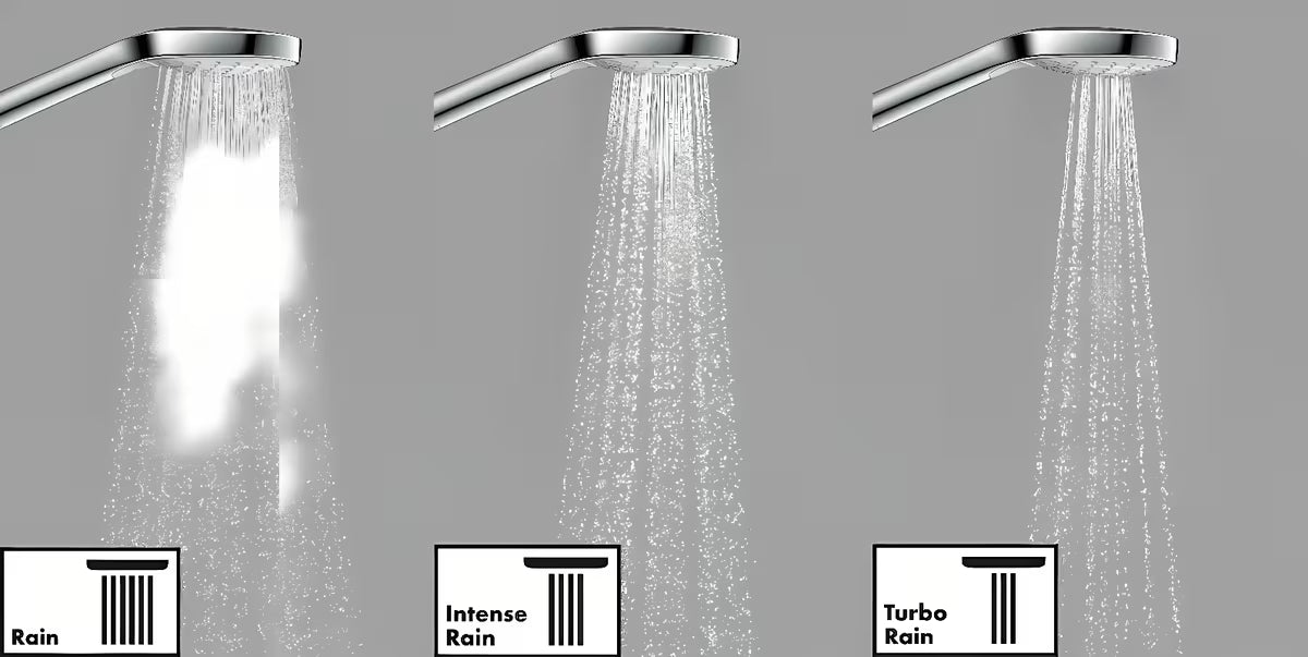 Ročna prha Hansgrohe Croma Select E Vario v izvedbi bela/krom z gumbom Select s premerom 110 mm.