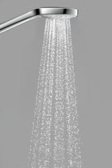 Ročna prha Hansgrohe Croma Select E v beli/krom izvedbi z gumbom Select s pršno glavo 110 mm