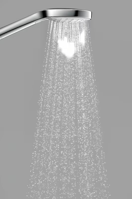 Ročna prha Hansgrohe Croma Select E v beli/krom izvedbi z gumbom Select s pršno glavo 110 mm