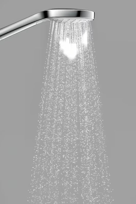 Ročna prha Hansgrohe Croma Select E v beli/krom izvedbi z gumbom Select s pršno glavo 110 mm