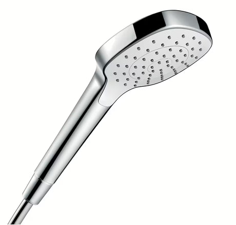 Ročna prha Hansgrohe Croma Select E v izvedbi bela/krom s curkom Rain in premerom 110 mm.