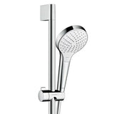 Tuš set Hansgrohe Croma Select S v beli/krom izvedbi z ročno prho 3jet, drsno palico Unica in cevjo 1,60 m.