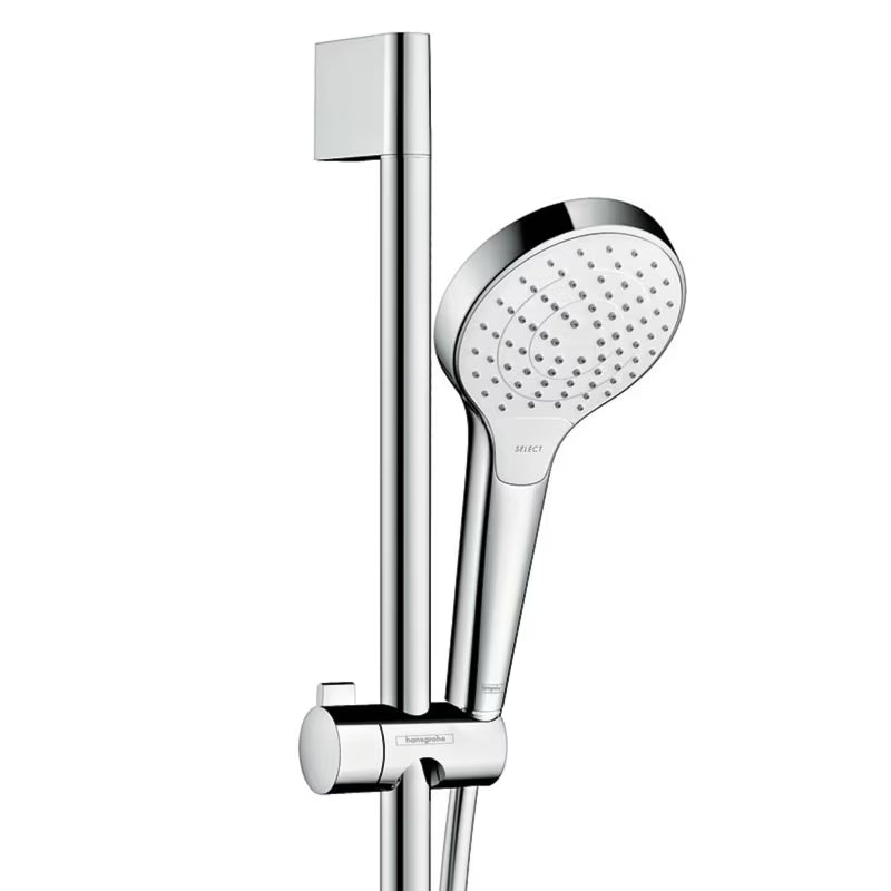 Tuš set Hansgrohe Croma Select S v beli/krom izvedbi z ročno prho 3jet, drsno palico Unica in cevjo 1,60 m.
