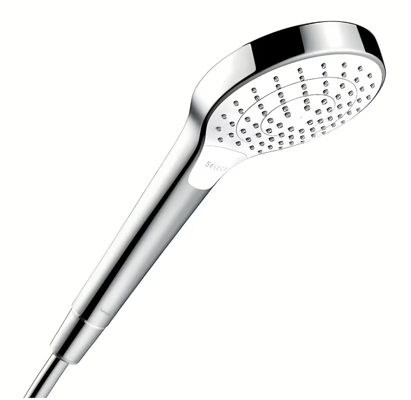 Ročna prha Hansgrohe Croma Select S Vario bela/krom z gumbom Select, premer 110 mm