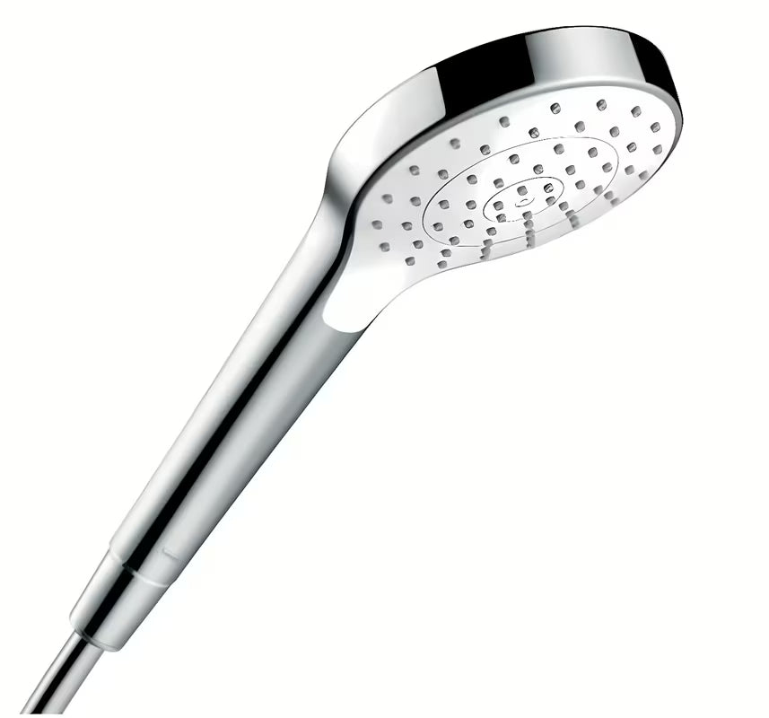 Ročna prha Hansgrohe Croma Select S v beli in krom barvi s curkom Rain in premerom 110 mm.