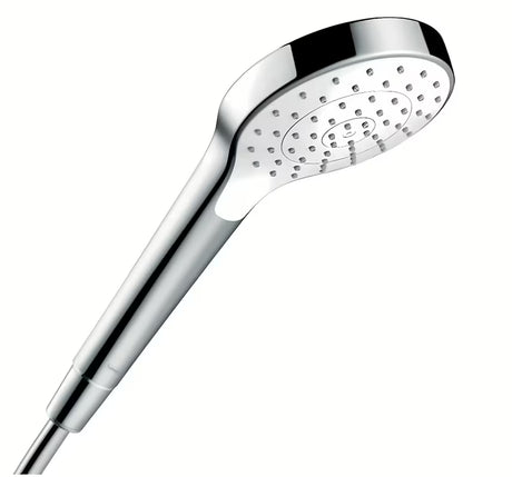 Ročna prha Hansgrohe Croma Select S v beli in krom barvi s curkom Rain in premerom 110 mm.