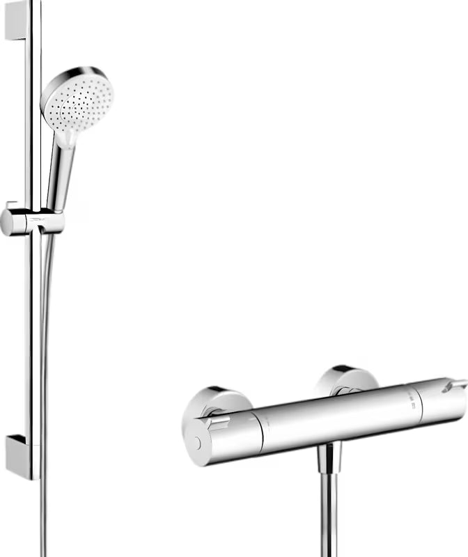Hansgrohe Crometta tušni sistem s termostatom v beli in krom izvedbi z ročno prho in pršno letvijo