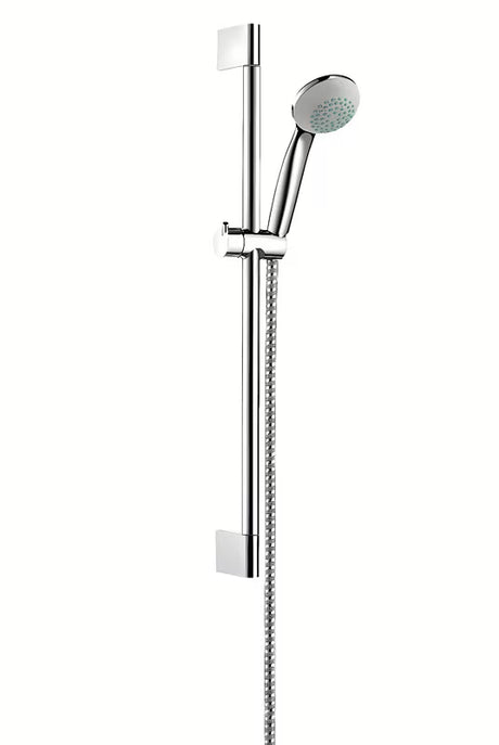Hansgrohe Crometta 85 tuš set v krom izvedbi z ročno prho, drogom, cevjo in drsnikom.