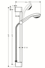 Hansgrohe Crometta 85 tuš set v krom izvedbi z ročno prho, drogom, cevjo in drsnikom.