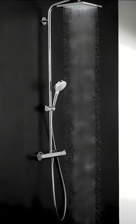 Hansgrohe Crometta E tušni sistem s termostatsko armaturo v kromu z nadglavno in ročno prho