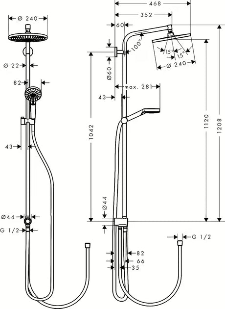 Hansgrohe Crometta S tušni sistem v krom izvedbi z nadglavno in ročno prho
