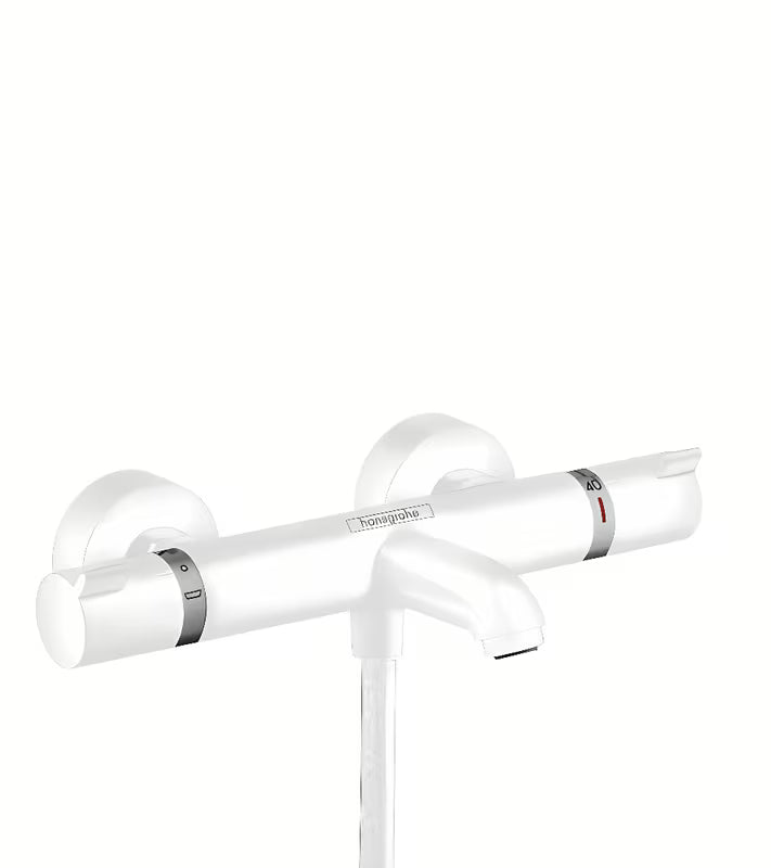 Termostatska stenska armatura za kad hansgrohe Ecostat v mat beli barvi z izlivom za kad