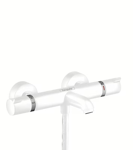 Termostatska stenska armatura za kad hansgrohe Ecostat v mat beli barvi z izlivom za kad