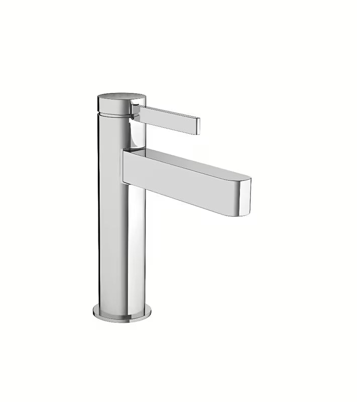 Kromirana umivalniška enoročna armatura Hansgrohe Finoris z odtokom in dvižnim drogom v purističnem dizajnu.