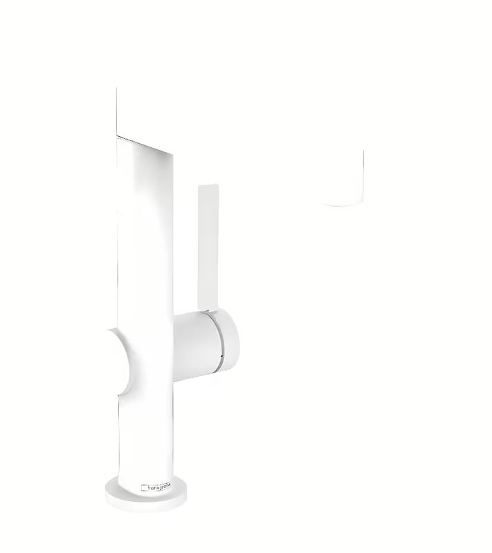 Umivalniška enoročna armatura Hansgrohe Finoris v mat beli barvi z vrtljivim izlivom in odtokom PushOpen