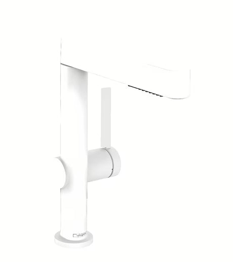 Hansgrohe Finoris umivalniška enoročna armatura v mat beli barvi z izvlečno prho in gumbom Select