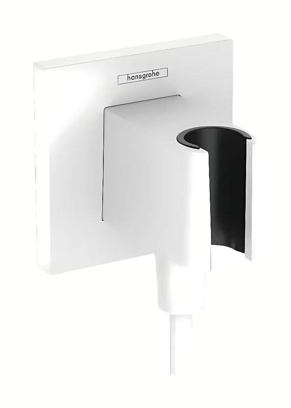 Hansgrohe fixfit E priključek za tuš cev v mat beli z držalom za ročno tuši in s kvadratno rozeto.