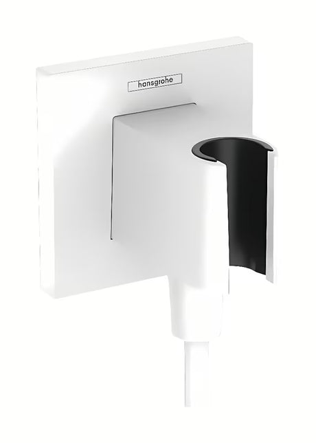 Hansgrohe fixfit E priključek za tuš cev v mat beli z držalom za ročno tuši in s kvadratno rozeto.