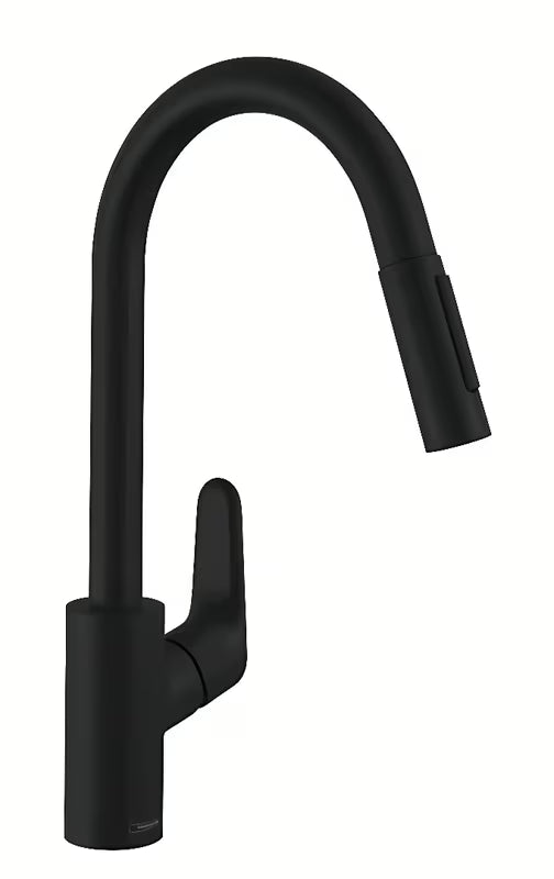 Mat črna armatura za pomivalno korito Hansgrohe Focus M41 z visokim izlivom in izvlečno prho.