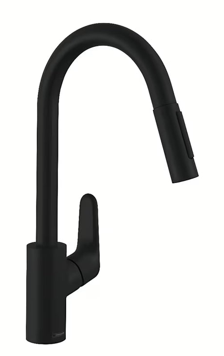 Mat črna armatura za pomivalno korito Hansgrohe Focus M41 z visokim izlivom in izvlečno prho.