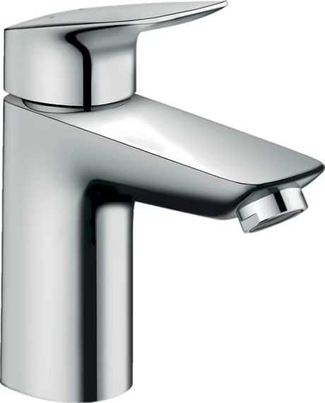 Kromirana enoročna armatura za umivalnik hansgrohe Logis 100 z odtokom in dizajnom SoftCube.