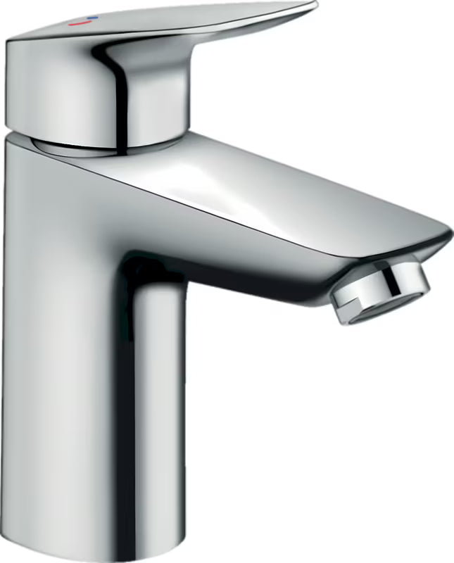 Kromirana enoročna armatura za umivalnik hansgrohe Logis 100 CoolStart z odtokom in ergonomskim ročajem.
