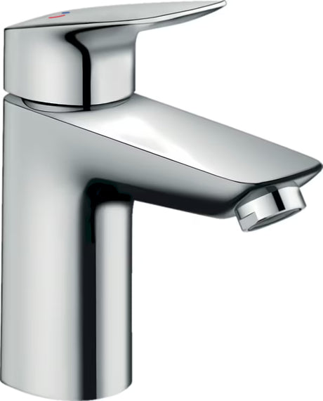 Kromirana enoročna armatura za umivalnik hansgrohe Logis 100 CoolStart z odtokom in ergonomskim ročajem.