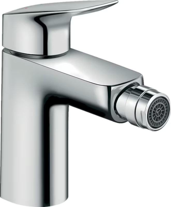 Kromirana enoročna armatura za bide hansgrohe Logis 100 z odtokom in dizajnom SoftCube.