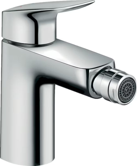 Kromirana enoročna armatura za bide hansgrohe Logis 100 z odtokom in dizajnom SoftCube.